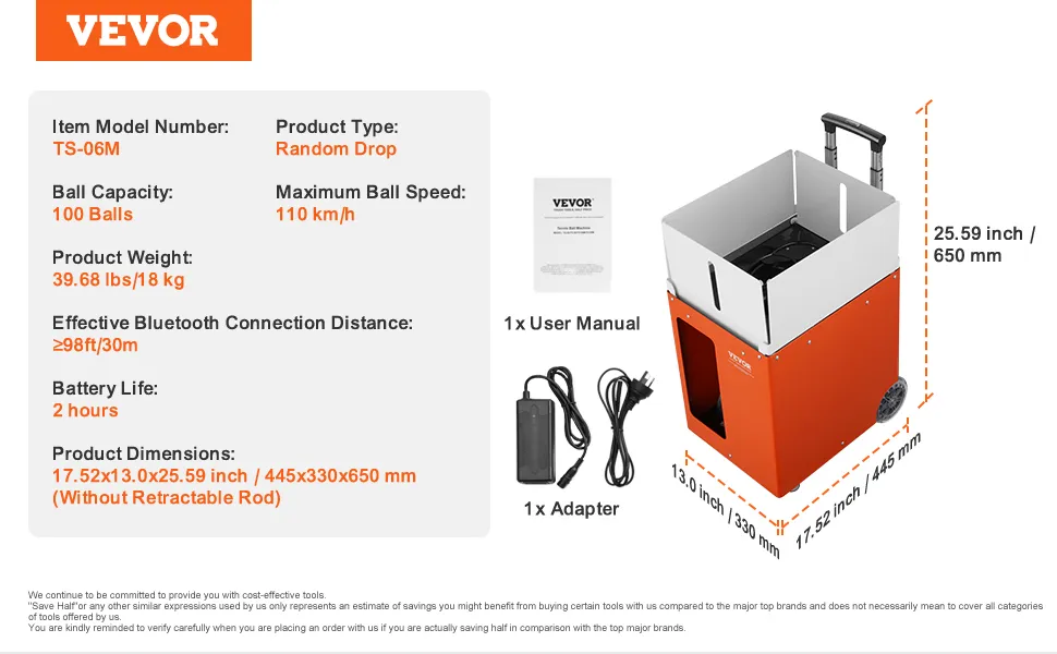Máquina lanzapelotas de tenis VEVOR ts-06m con capacidad para 100 pelotas, velocidad de 110 km/h, bluetooth y batería de 4-5 horas de duración.
