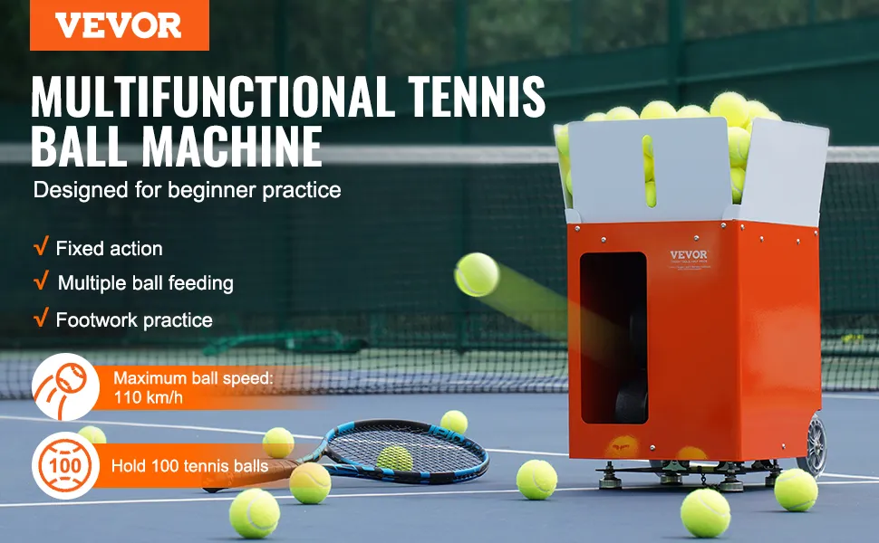 VEVOR tennis ball machine on court with tennis balls, highlighting fixed action, ball feeding, and footwork practice.