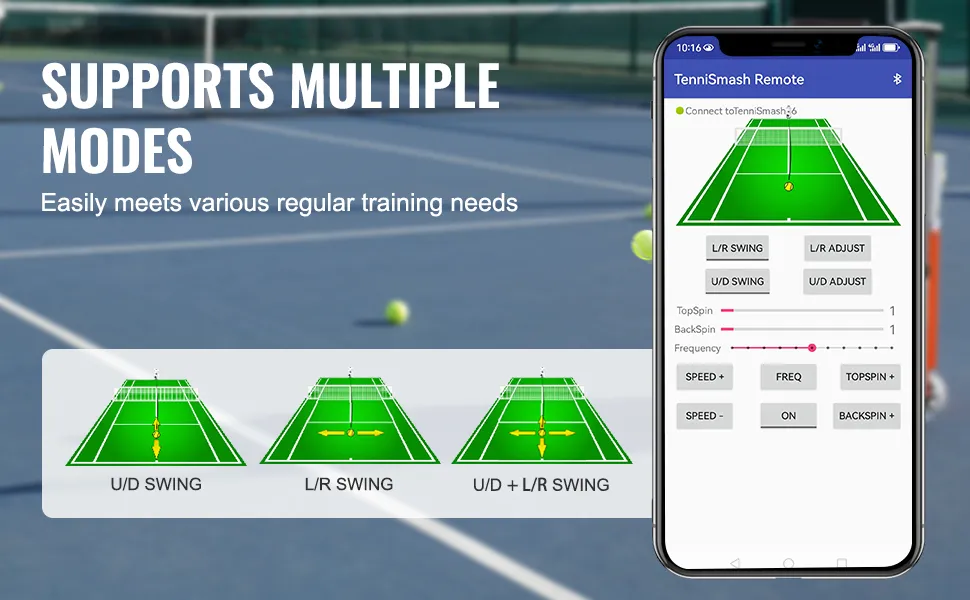 Pantalla de la aplicación de la máquina de pelotas de tenis VEVOR que muestra múltiples modos de swing para un entrenamiento integral.