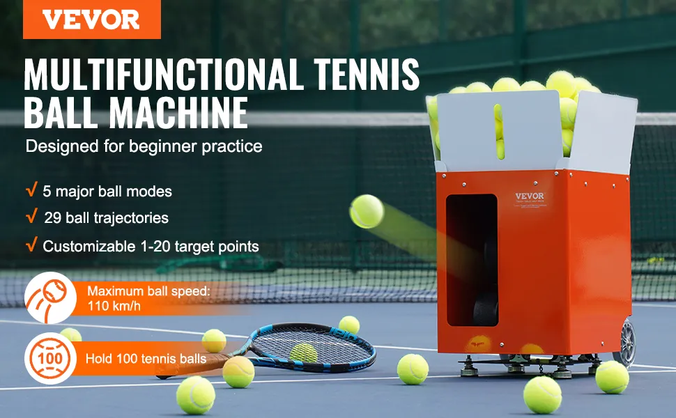 VEVOR tennis ball machine: beginner-friendly, 5 modes, 29 trajectories, max speed 110 km/h, holds 100 balls.