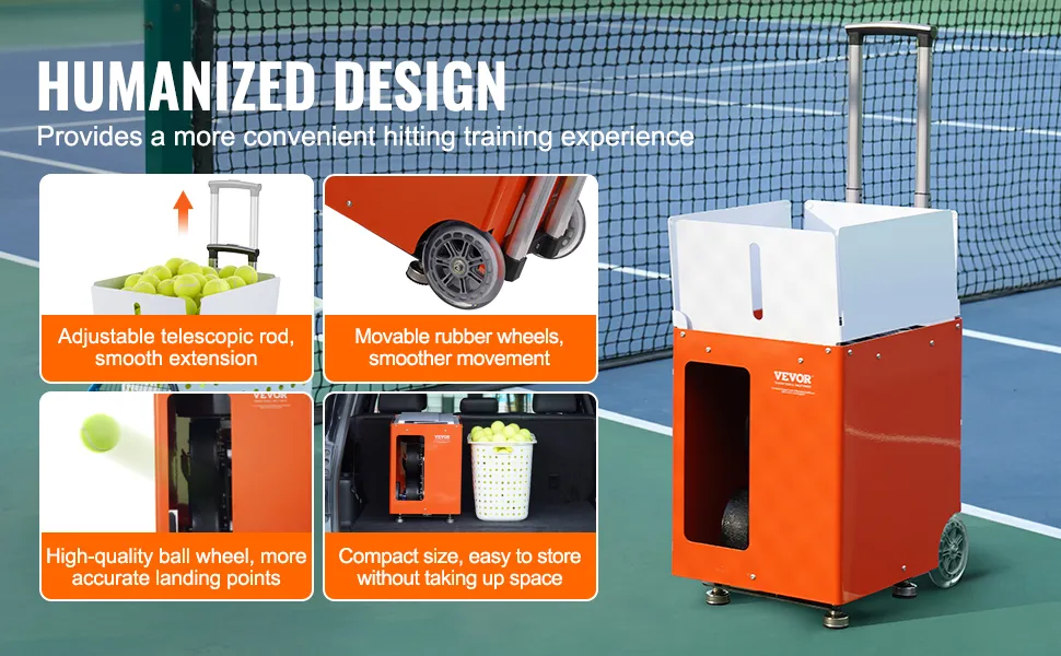 VEVOR tennis ball machine with telescopic rod, movable rubber wheels, high-quality ball wheel, compact size.