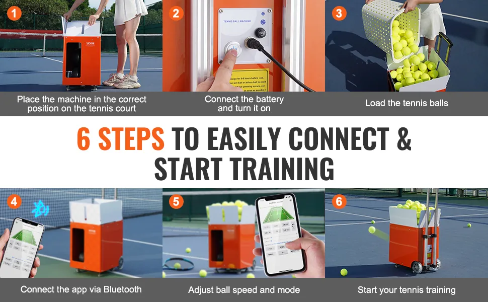 6 steps to start training with VEVOR tennis ball machine on a court with app control and ball adjustment.