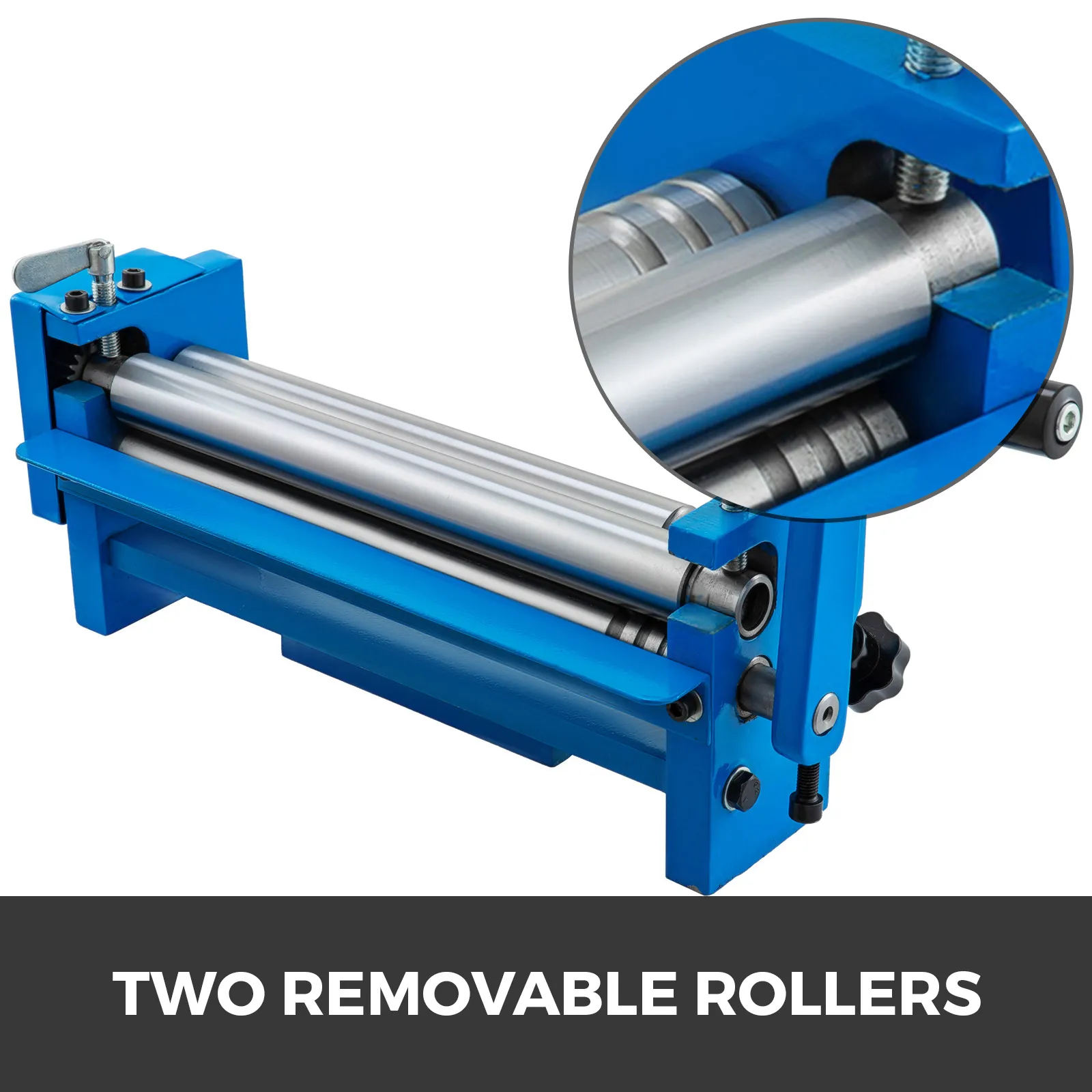 Máquina de rollo deslizante VEVOR con dos rodillos extraíbles, diseño industrial azul.