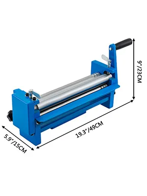 blue VEVOR slip roll machine with dimensions: 19.3"x5.9"x9".