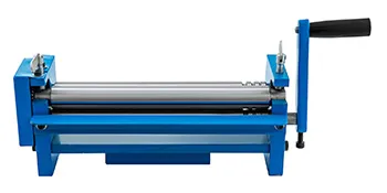 blue VEVOR slip roll machine with a crank handle for bending and forming metal sheets.