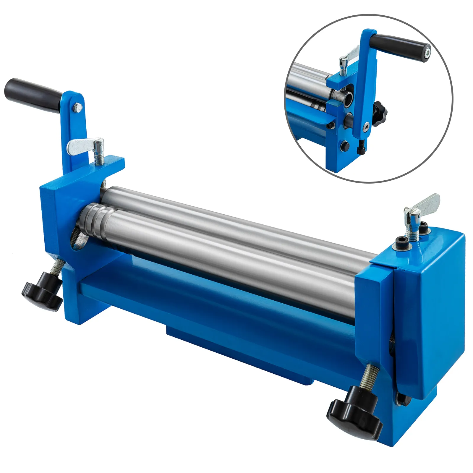blue VEVOR slip roll machine with black handle and detailed close-up insert.