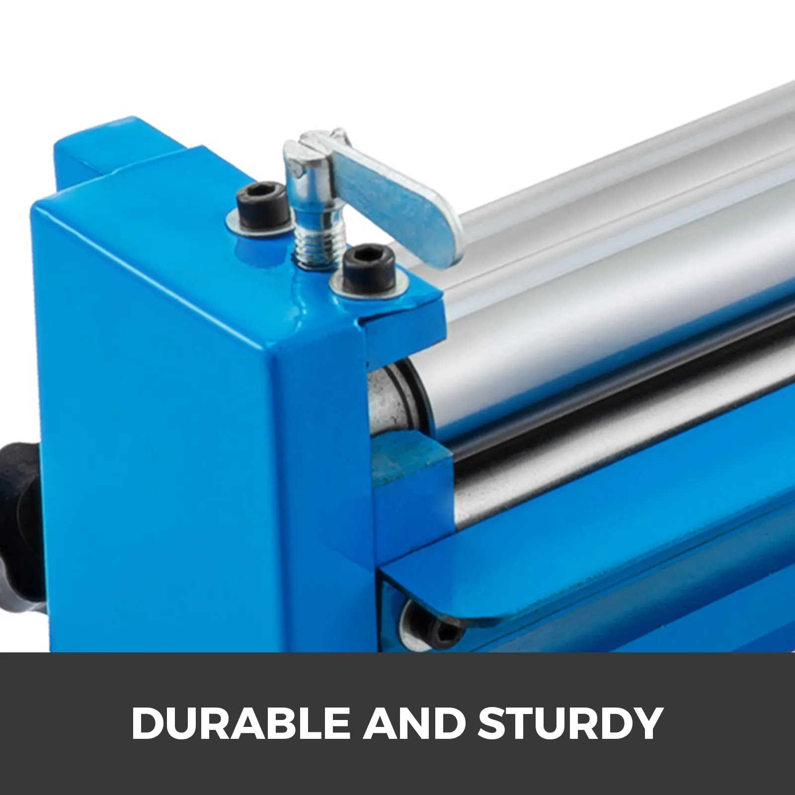 blue and silver VEVOR slip roll machine with "durable and sturdy" text.