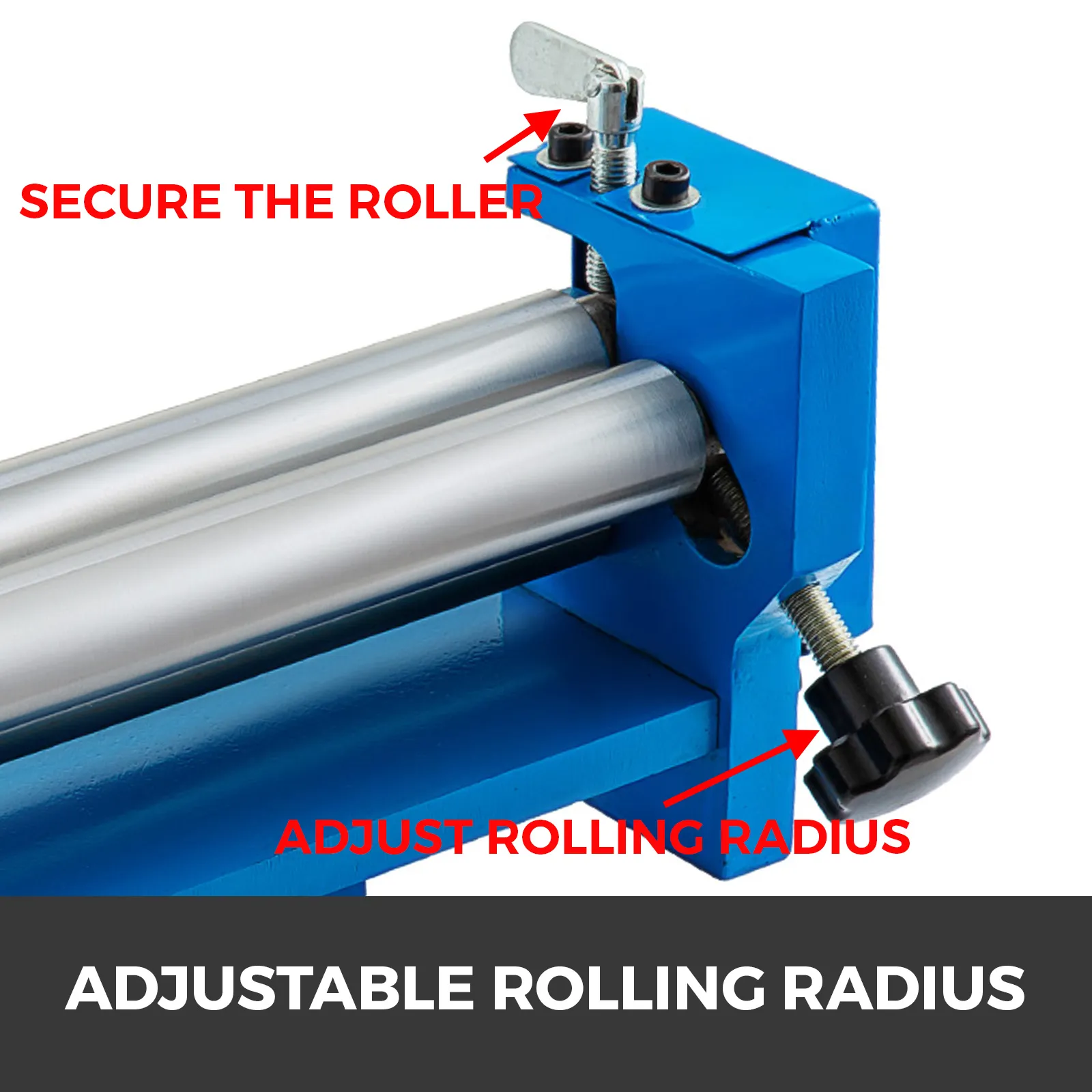 VEVOR slip roll machine with adjustable rolling radius and secured rollers.