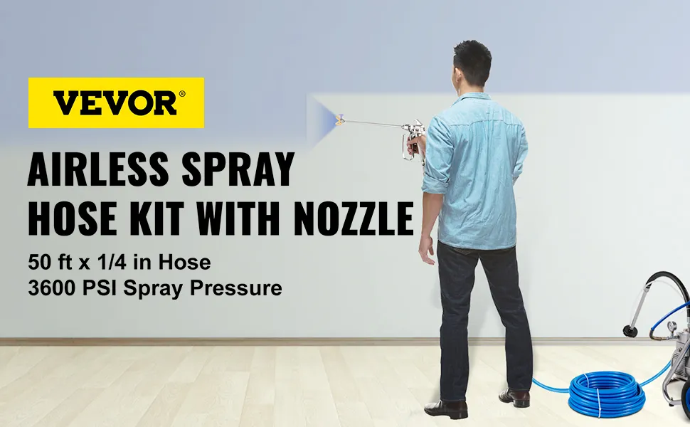 Mann besprüht eine helle Wand mit dem Schlauch eines Airless-Farbspritzgeräts von VEVOR.