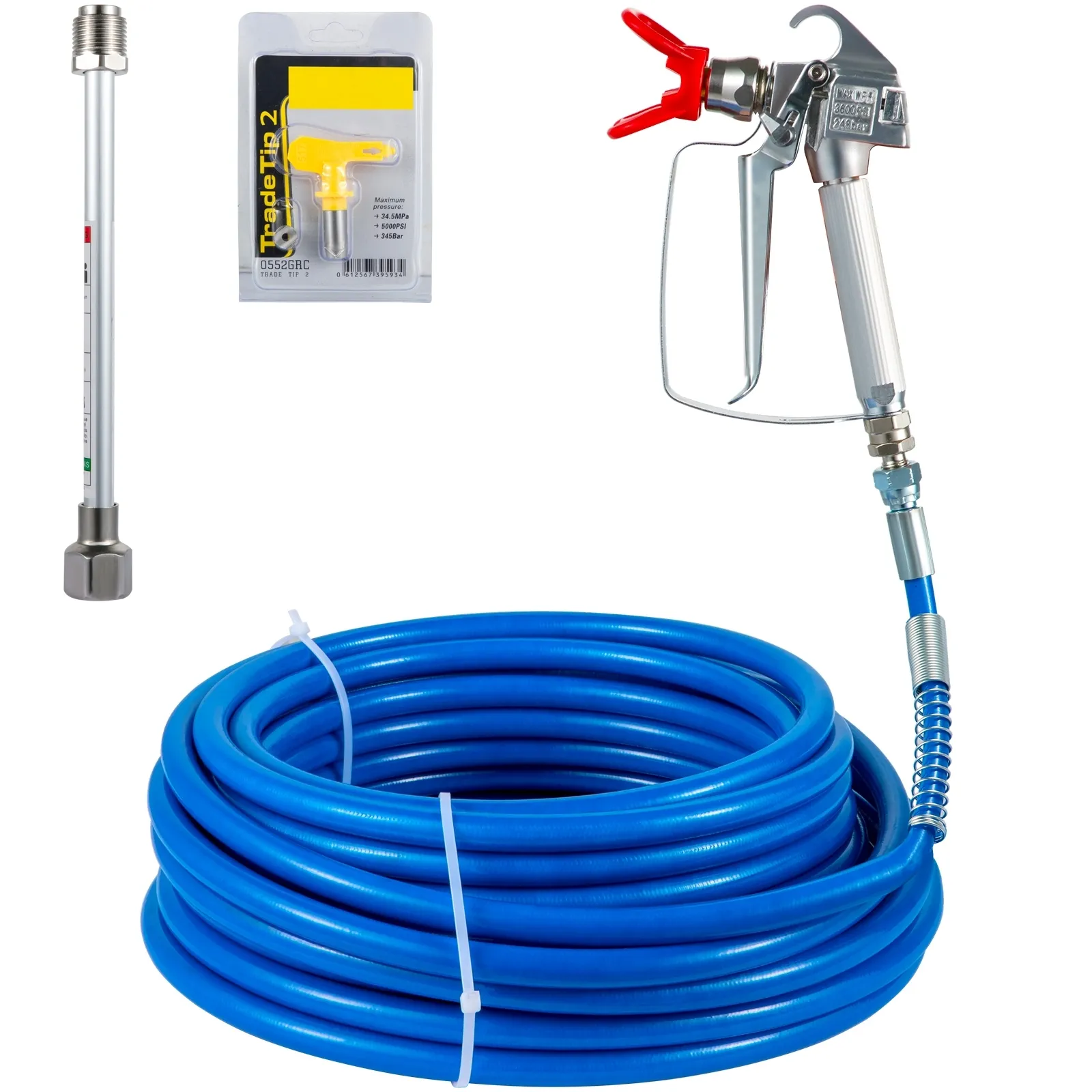 VEVOR Airless-Farbspritzschlauch mit Pistole, Spitze und Anschlussstück.