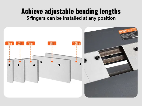 VEVOR sheet metal bending brake with adjustable fingers for bending lengths 1in, 2in, 3in, 8in, 10in.