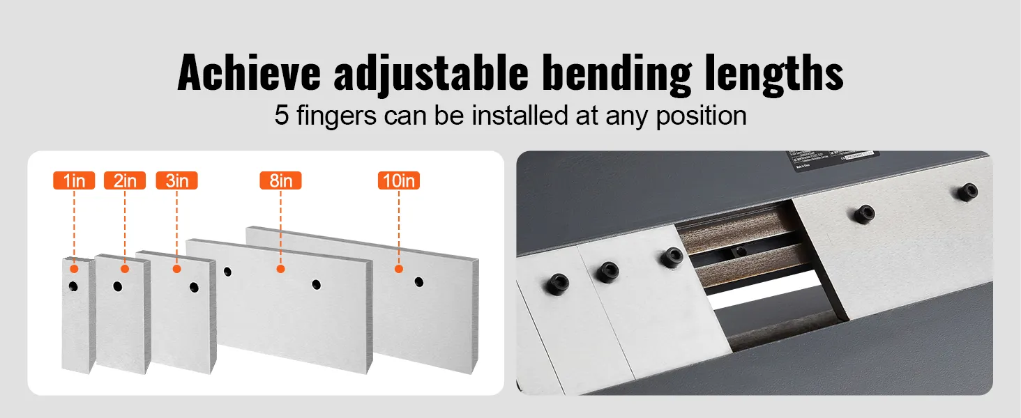 VEVOR sheet metal bending brake with adjustable fingers for bending lengths 1in, 2in, 3in, 8in, 10in.