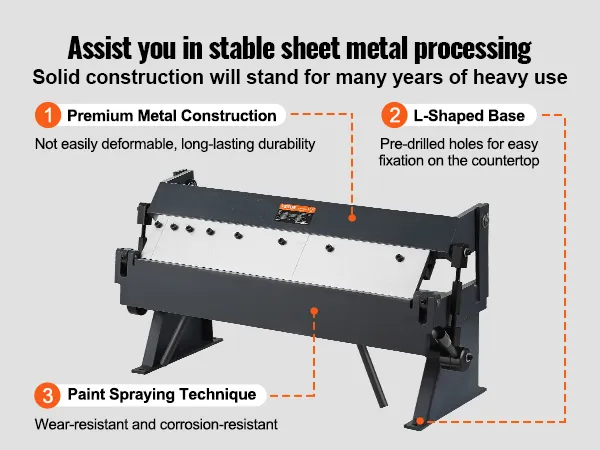 VEVOR sheet metal bending brake with premium metal construction, paint spraying technique, and l-shaped base.