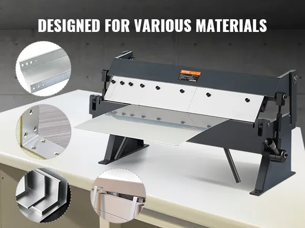 VEVOR sheet metal bending brake designed for various materials shown with examples of bent sheet metal.