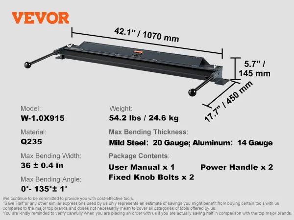 VEVOR box and pan brake specifications: 42.1" width, 54.2 lbs, 20 gauge steel, 14 gauge aluminum.