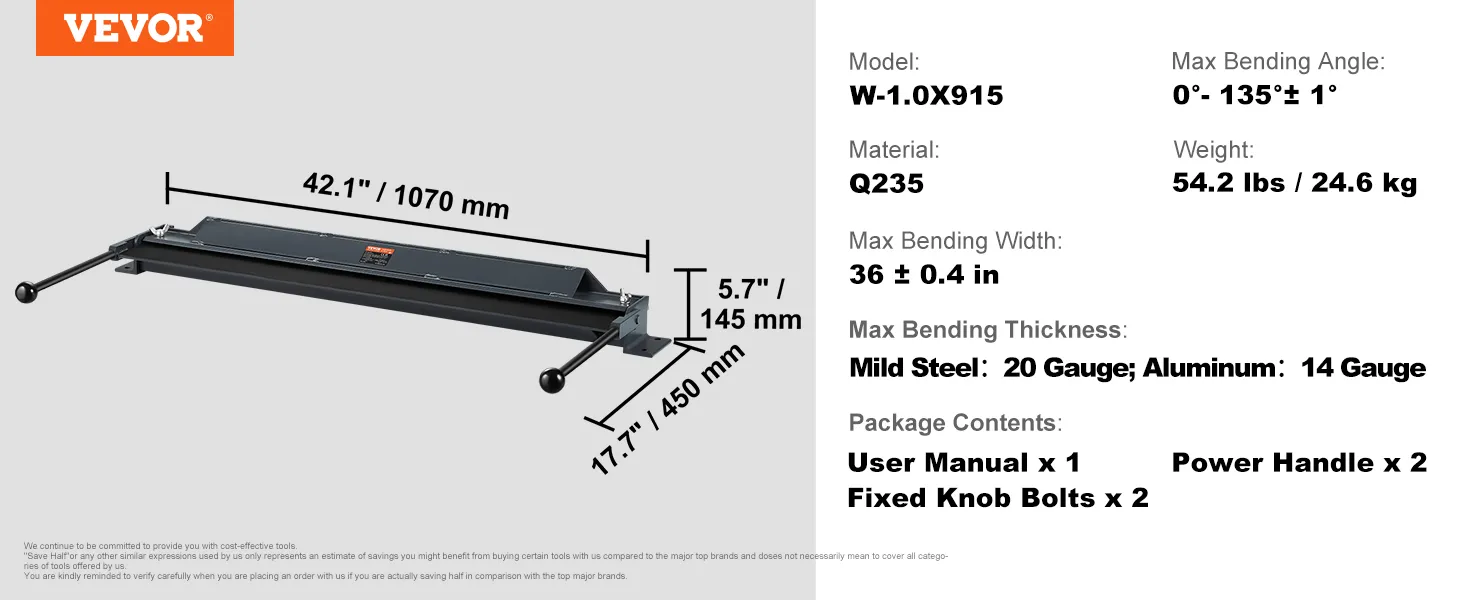 VEVOR box and pan brake specifications: 42.1" width, 54.2 lbs, 20 gauge steel, 14 gauge aluminum.