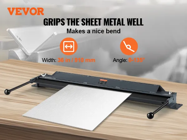 VEVOR box and pan brake gripping sheet metal, 36 in width, angle 0-135° on a wooden surface.