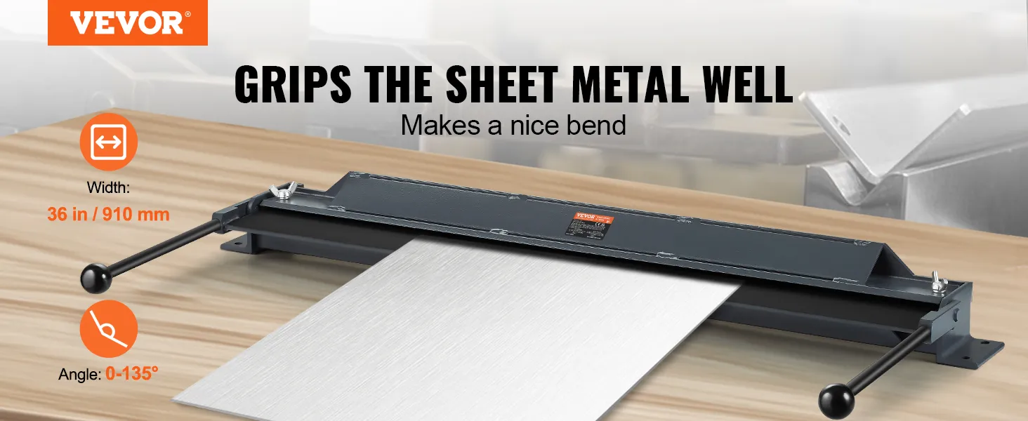 VEVOR box and pan brake gripping sheet metal, 36 in width, angle 0-135° on a wooden surface.