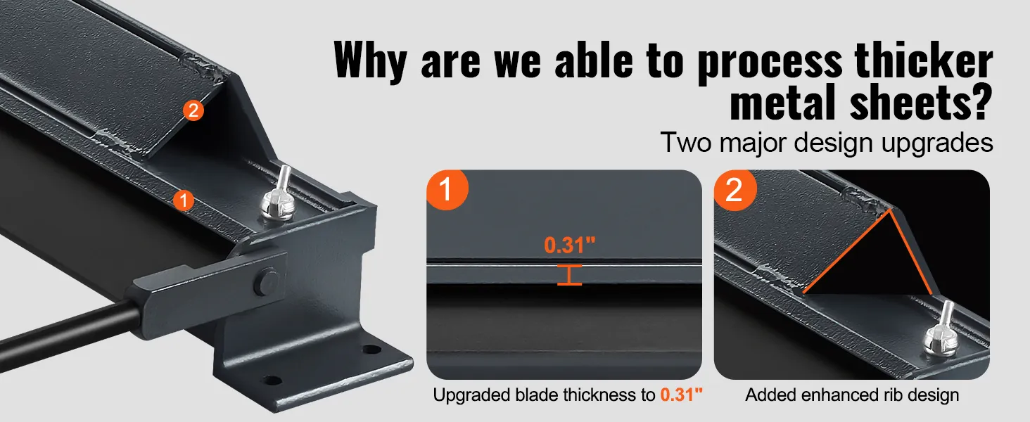 VEVOR box and pan brake with upgraded 0.31" blade and enhanced rib design for thicker metal sheets.