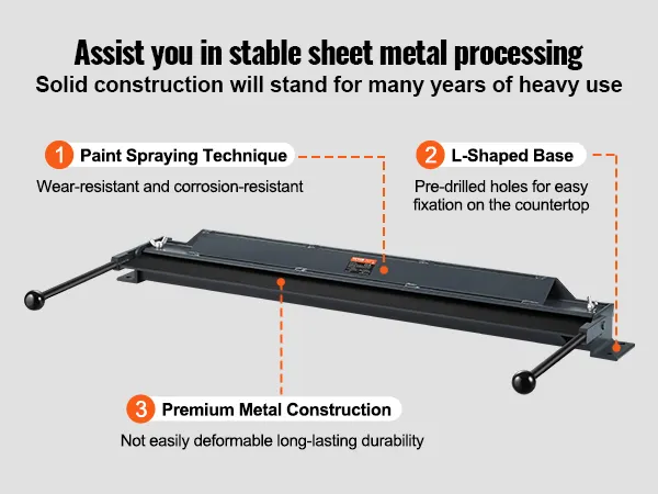 VEVOR box and pan brake for stable sheet metal processing with pre-drilled holes and premium construction.