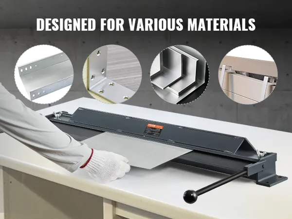 VEVOR box and pan brake for bending metal sheets, with examples of folded metal pieces. designed for various materials.