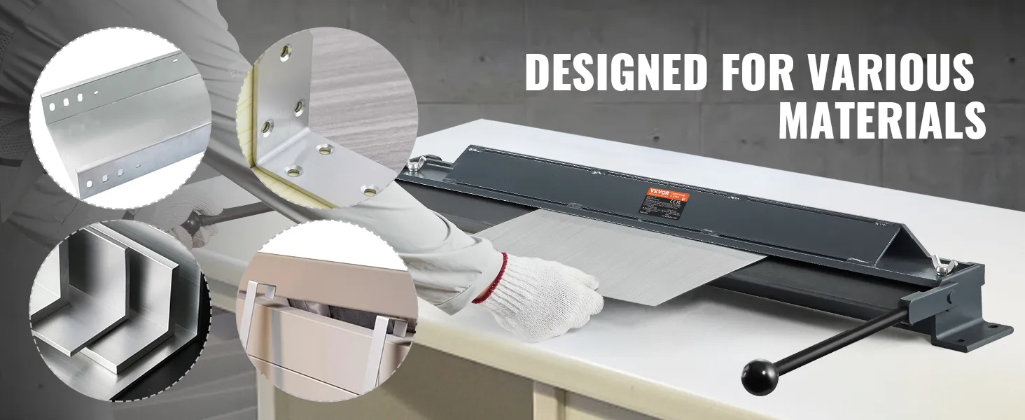 VEVOR box and pan brake for bending metal sheets, with examples of folded metal pieces. designed for various materials.
