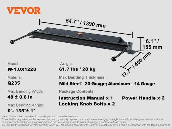 VEVOR metalen buigrem, model b-1.0x1220, 54.7" lengte, 6.1" hoogte, 0°-135° maximale buighoek.