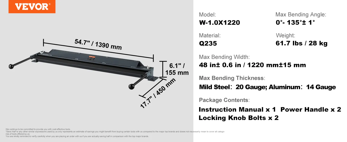 VEVOR metalen buigrem, model b-1.0x1220, 54.7" lengte, 6.1" hoogte, 0°-135° maximale buighoek.