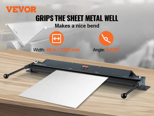 VEVOR metalen buigrem op een houten tafel, grijpt plaatmetaal vast voor nauwkeurige buigingen, breedte 48 inch, hoek 0-135°.