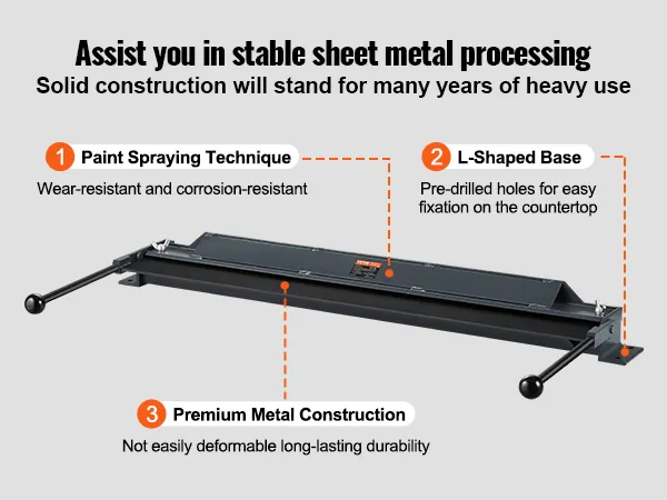 VEVOR metalen buigrem met hoogwaardige metalen constructie, L-vormige basis en verfspuittechniek.