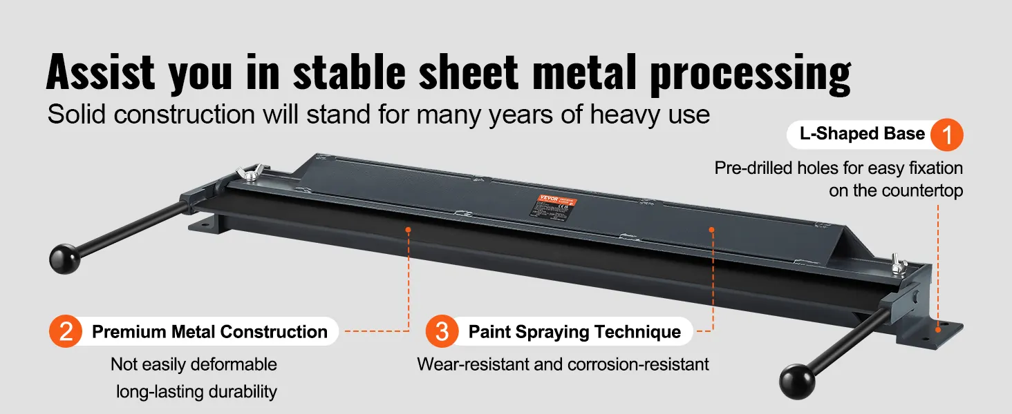 VEVOR metalen buigrem met hoogwaardige metalen constructie, L-vormige basis en verfspuittechniek.