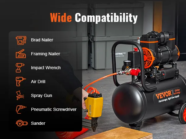 Compresor de aire ultra silencioso VEVOR con pistola de clavos, que muestra una amplia compatibilidad con varias herramientas.