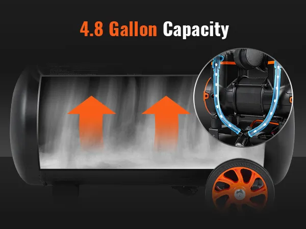 Compresor de aire ultra silencioso VEVOR con capacidad de 4,8 galones, ruedas naranjas y flujo de aire interno.