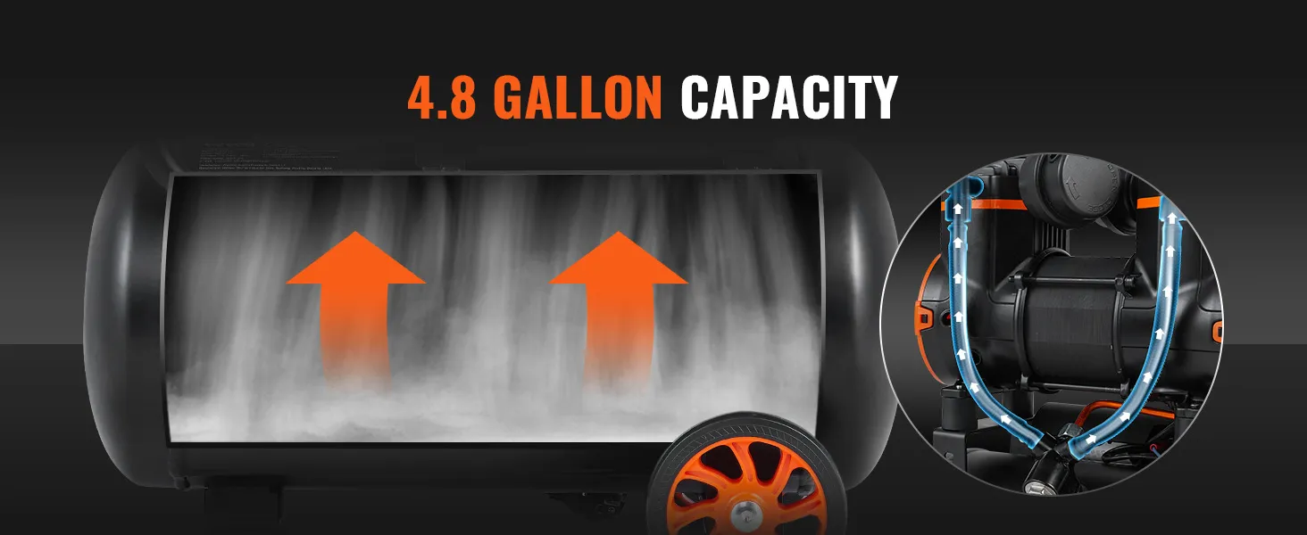 Compresor de aire ultra silencioso VEVOR con capacidad de 4,8 galones, ruedas naranjas y flujo de aire interno.