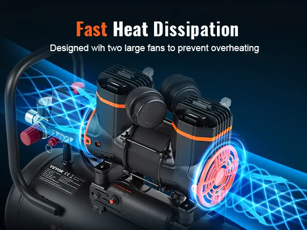Compresor de aire ultra silencioso VEVOR con ventiladores dobles para una rápida disipación del calor, evitando el sobrecalentamiento.