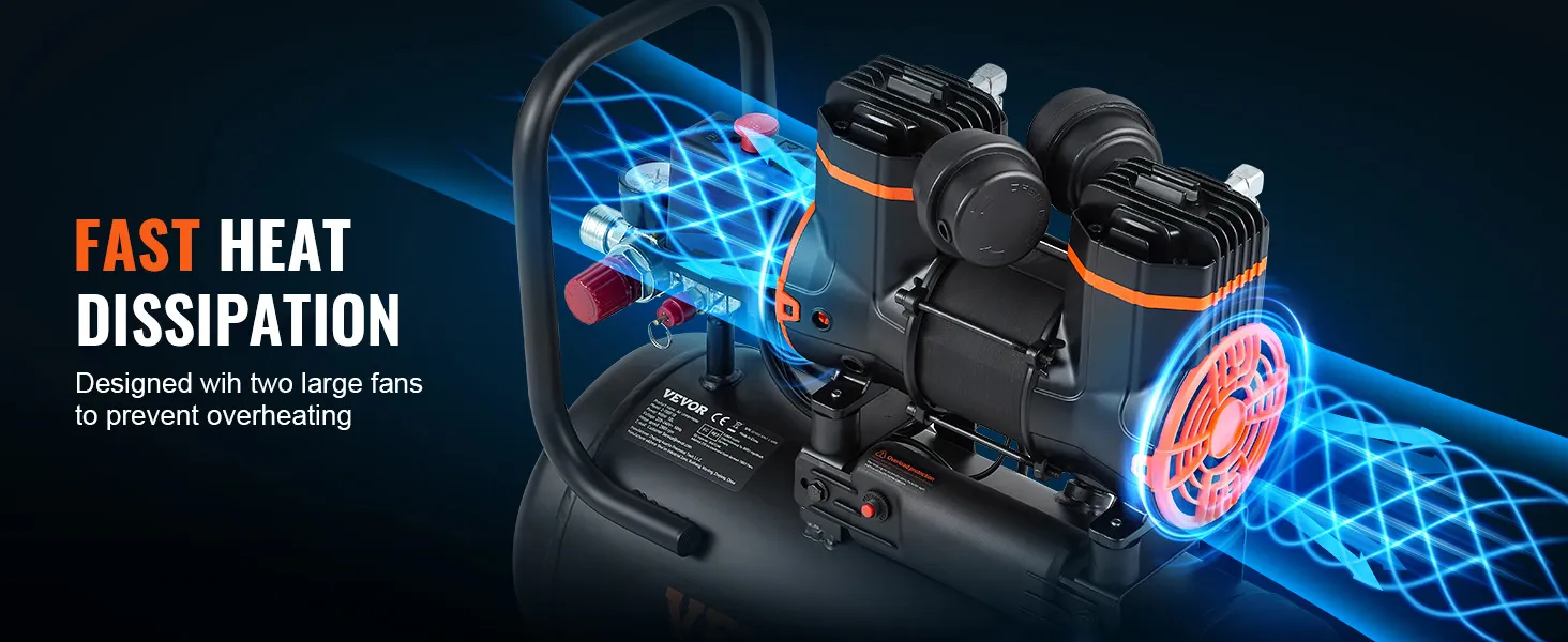 Compresor de aire ultra silencioso VEVOR con ventiladores dobles para una rápida disipación del calor, evitando el sobrecalentamiento.