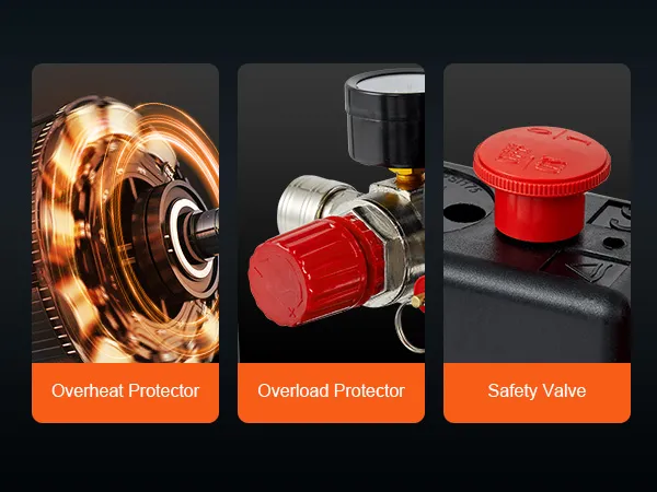 Protector contra sobrecalentamiento, protector contra sobrecarga y válvula de seguridad para compresor de aire ultra silencioso VEVOR.