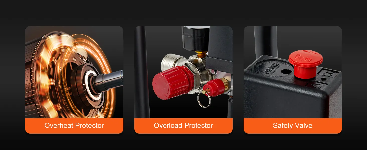 Protector contra sobrecalentamiento, protector contra sobrecarga y válvula de seguridad para compresor de aire ultra silencioso VEVOR.