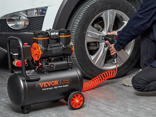 Compresor de aire ultra silencioso VEVOR utilizado para inflar neumáticos de automóviles, con tecnología sin aceite y suministro de alto flujo.
