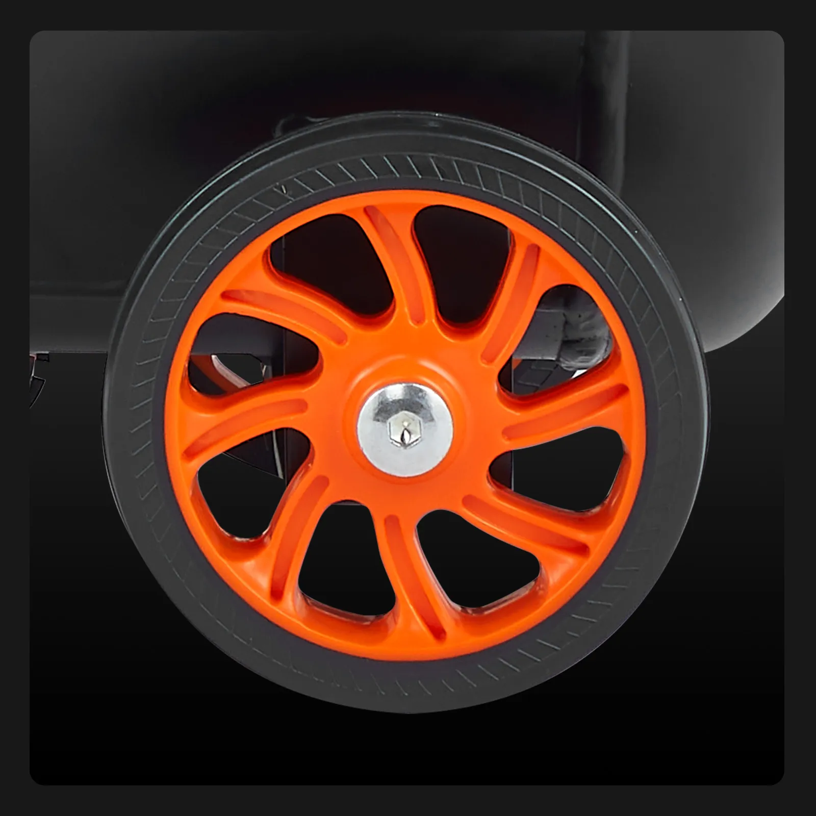 Rueda de color naranja brillante del compresor de aire ultra silencioso VEVOR sobre un fondo negro.