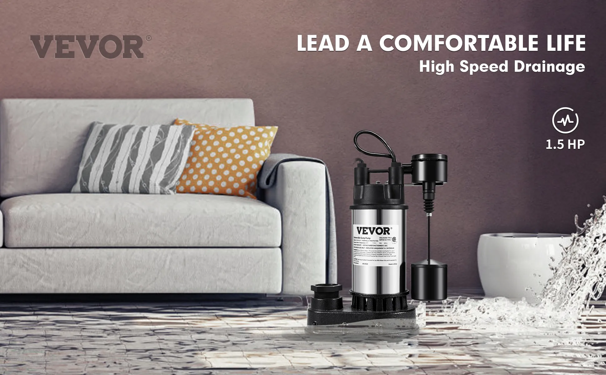 VEVOR sump pump, 1.5 hp, placed on a flooded floor next to a sofa and cushions for high-speed drainage.