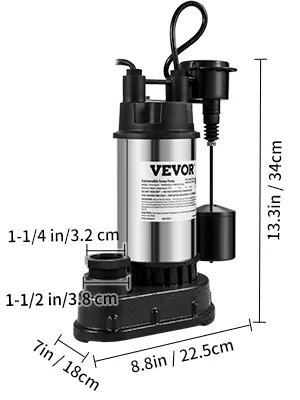 Bomba de sumidero VEVOR con dimensiones: alto 13,3 pulgadas/34 cm, ancho 8,8 pulgadas/22,5 cm, largo 7 pulgadas/18 cm.