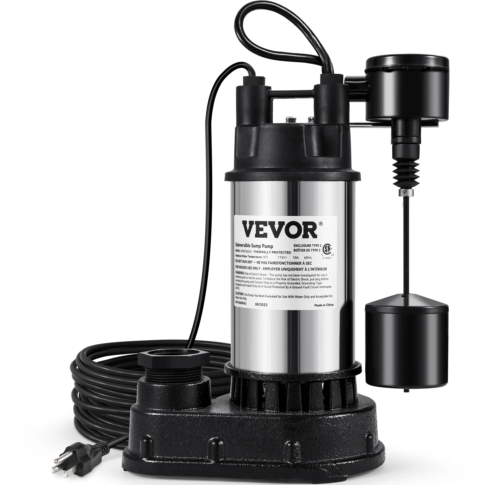 Bomba de sumidero VEVOR con cable de alimentación e interruptor de flotador, con carcasa de acero inoxidable.