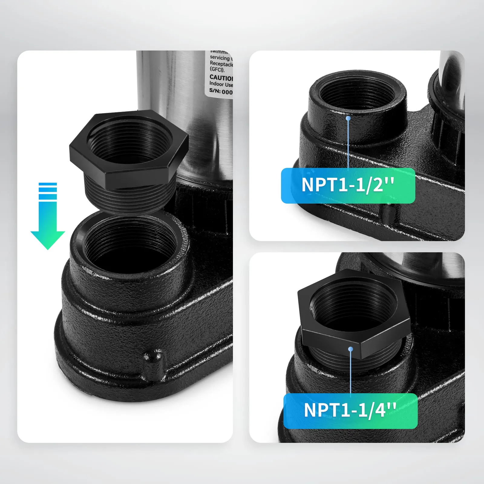 VEVOR sump pump showing npt 1-1/2" and npt 1-1/4" connectors for easy installation.
