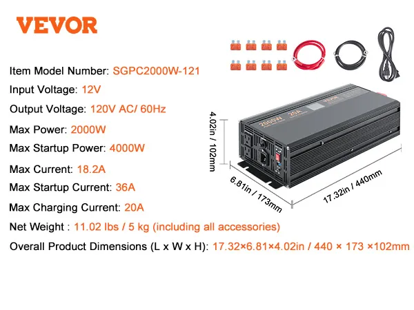 VEVOR sump pump battery backup system specs: 12v, 2000w, 4000w startup, 17.32x6.81x4.02 in, 12.46 lb.
