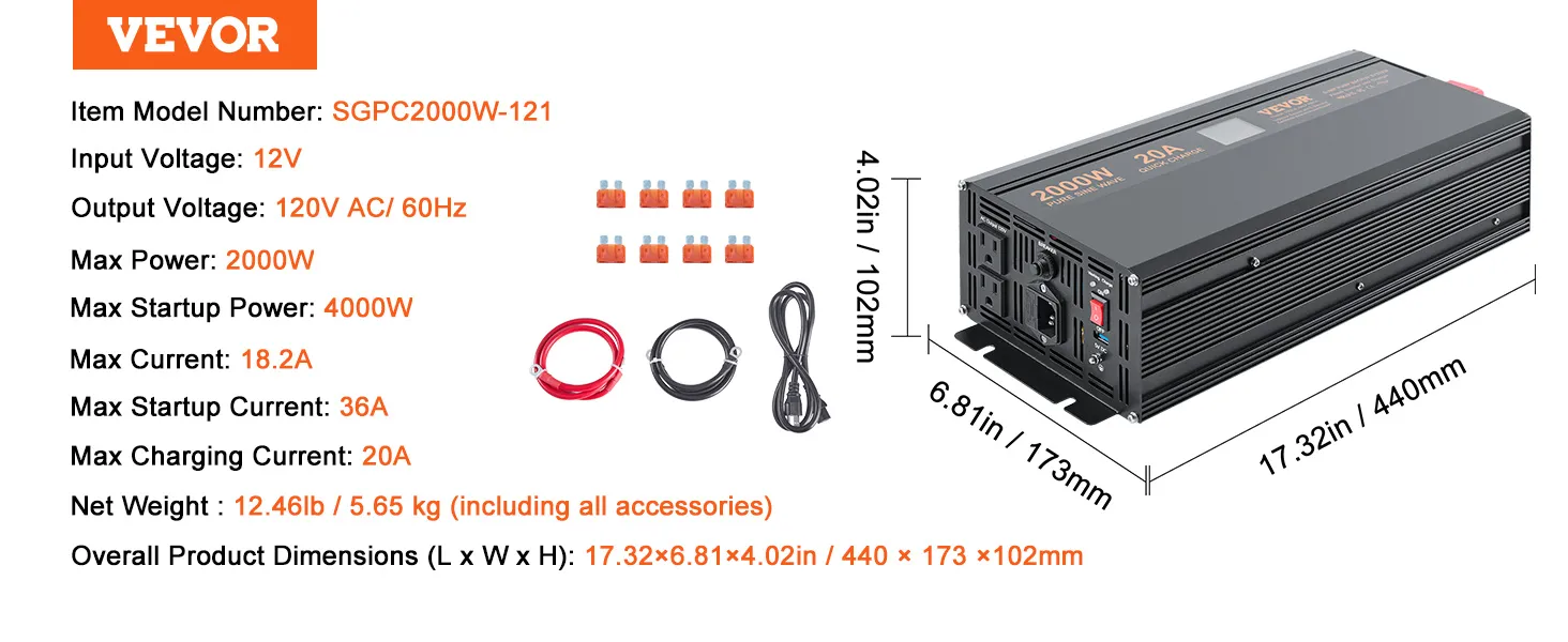 VEVOR sump pump battery backup system specs: 12v, 2000w, 4000w startup, 17.32x6.81x4.02 in, 12.46 lb.
