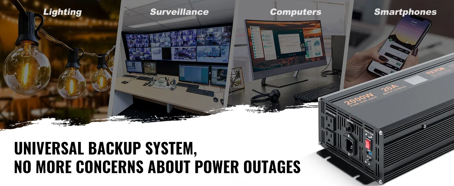 VEVOR sump pump battery backup system for lighting, surveillance, computers, and smartphones.