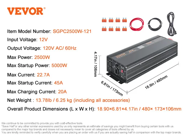 VEVOR sump pump battery backup system specifications and dimensions, model sgpc2500w-121, wattage 2500w.