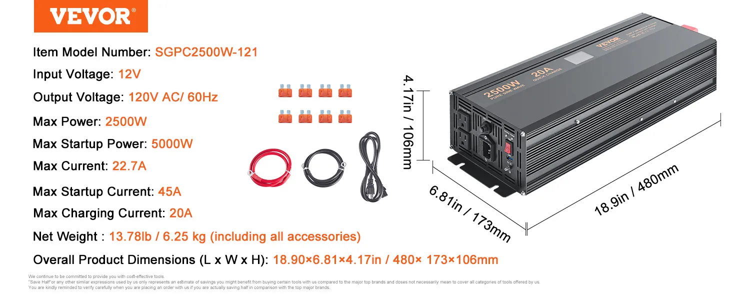 VEVOR sump pump battery backup system specifications and dimensions, model sgpc2500w-121, wattage 2500w.