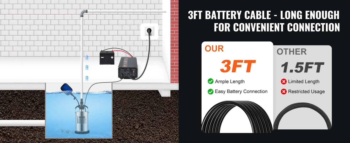 VEVOR sump pump battery backup system with 3ft cable for easy and convenient connection.